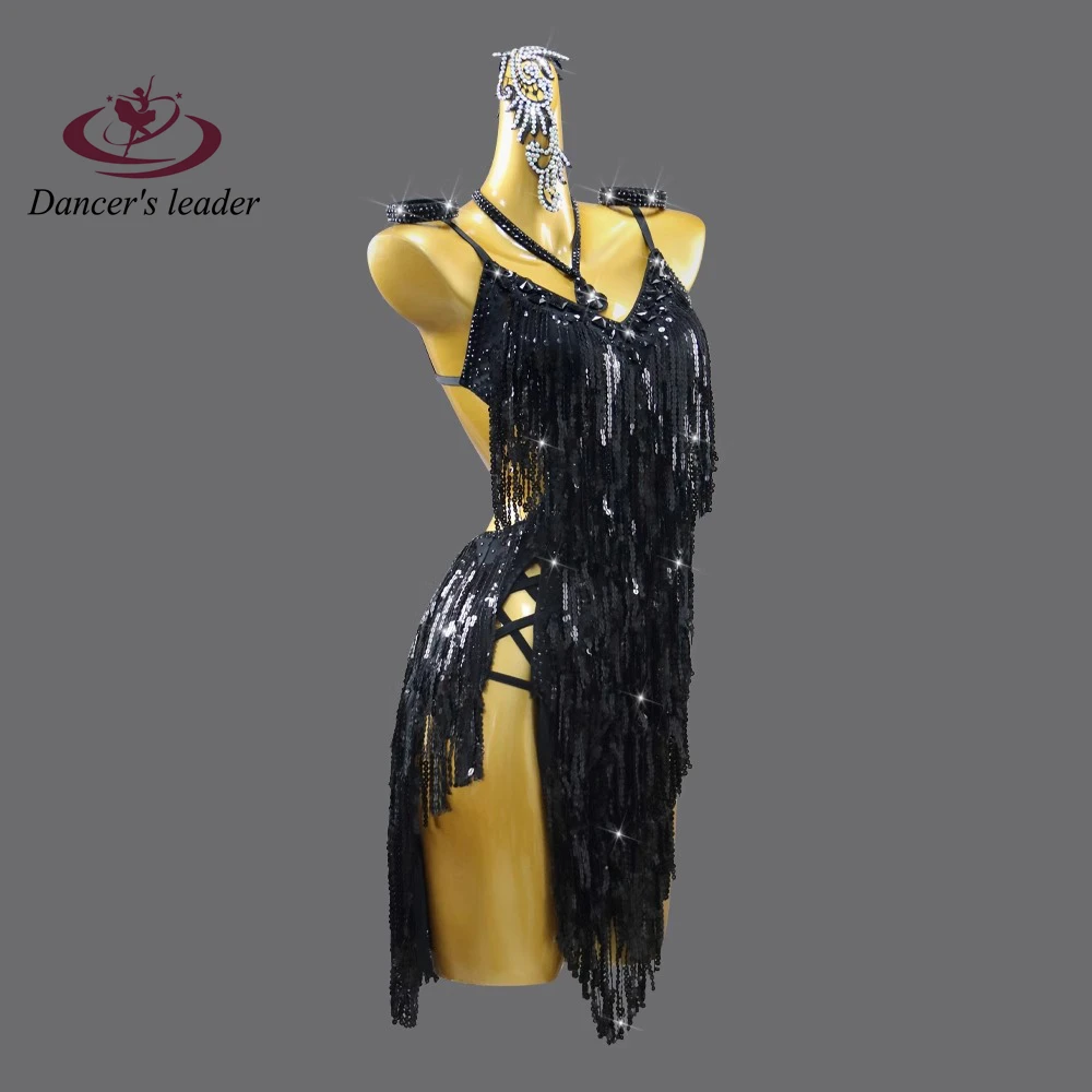 Latin Dance Professional Dress High-end Custom High-class Black Pool Flower Dress Tango Female Adult Stage Professional Clothing