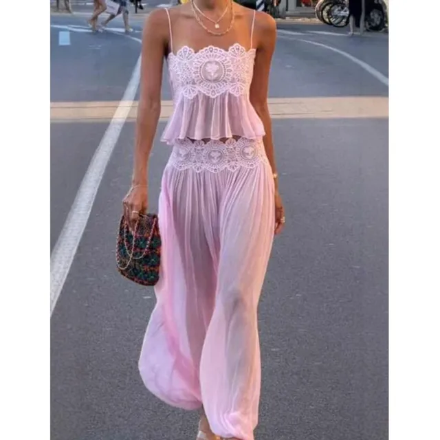 Conjunto bohemio de dos piezas con encaje y pantalón plisado