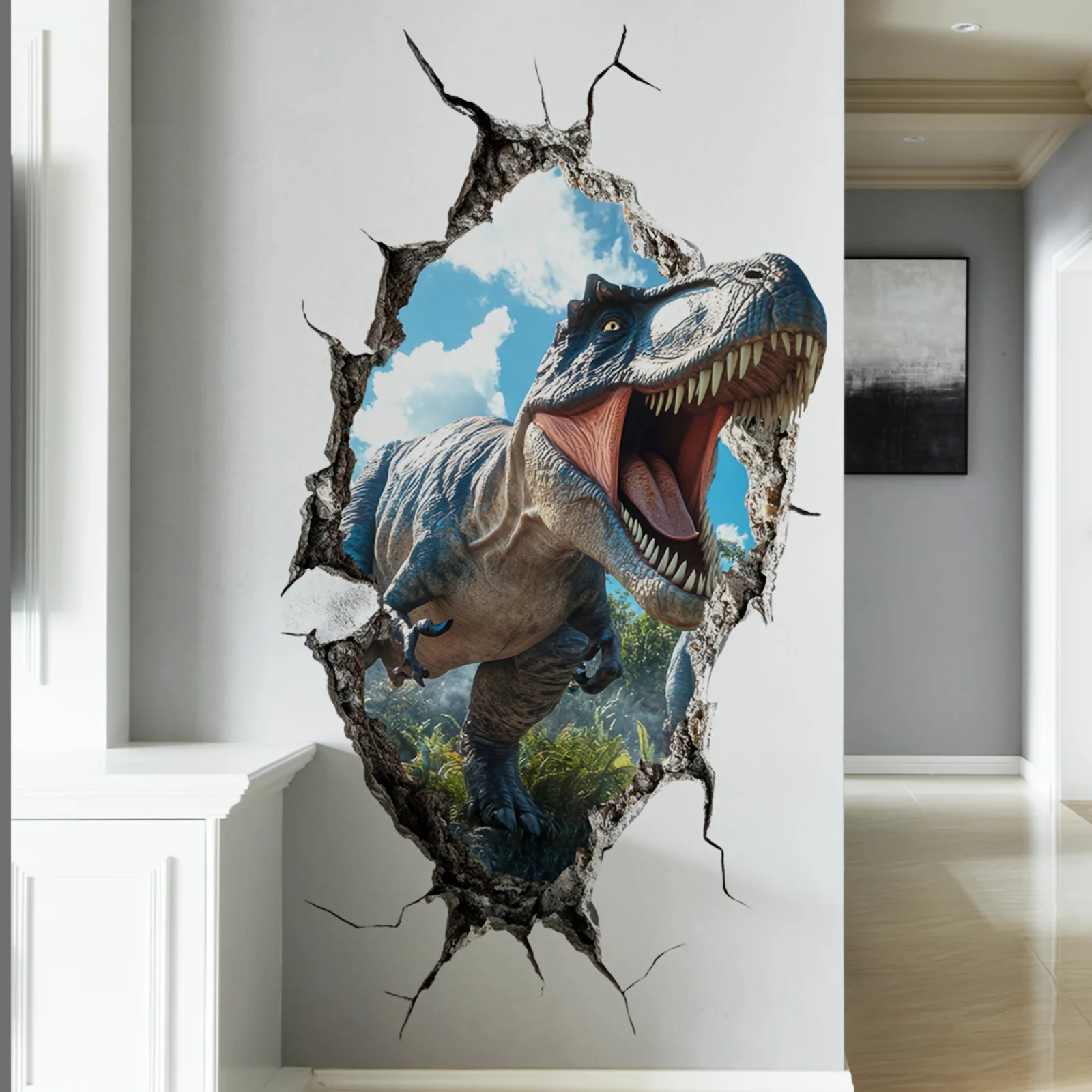 T-Rex Torn Wall Illusion Decal 60x40cm Realistic Bursting Through Wall Self-Adhesive Dinosaur Wall Decor