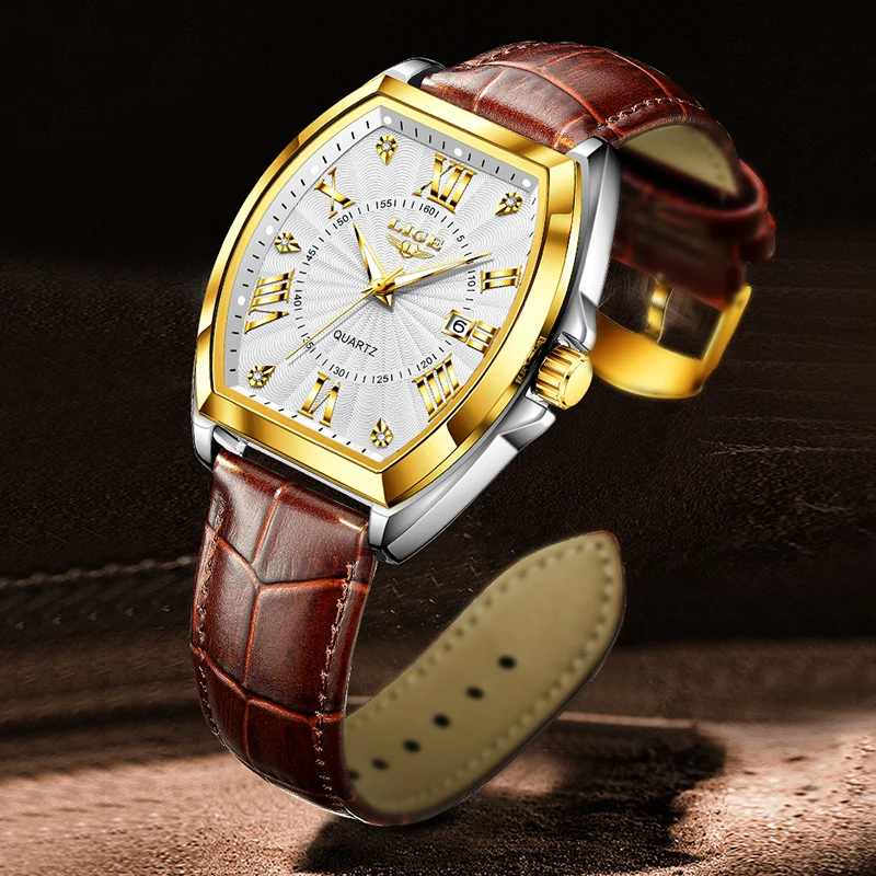 LIGE New Military Watches For Men Original Brand Luxury Leather Men's Quartz Wristwatch Fashion Waterproof Square Chronograph