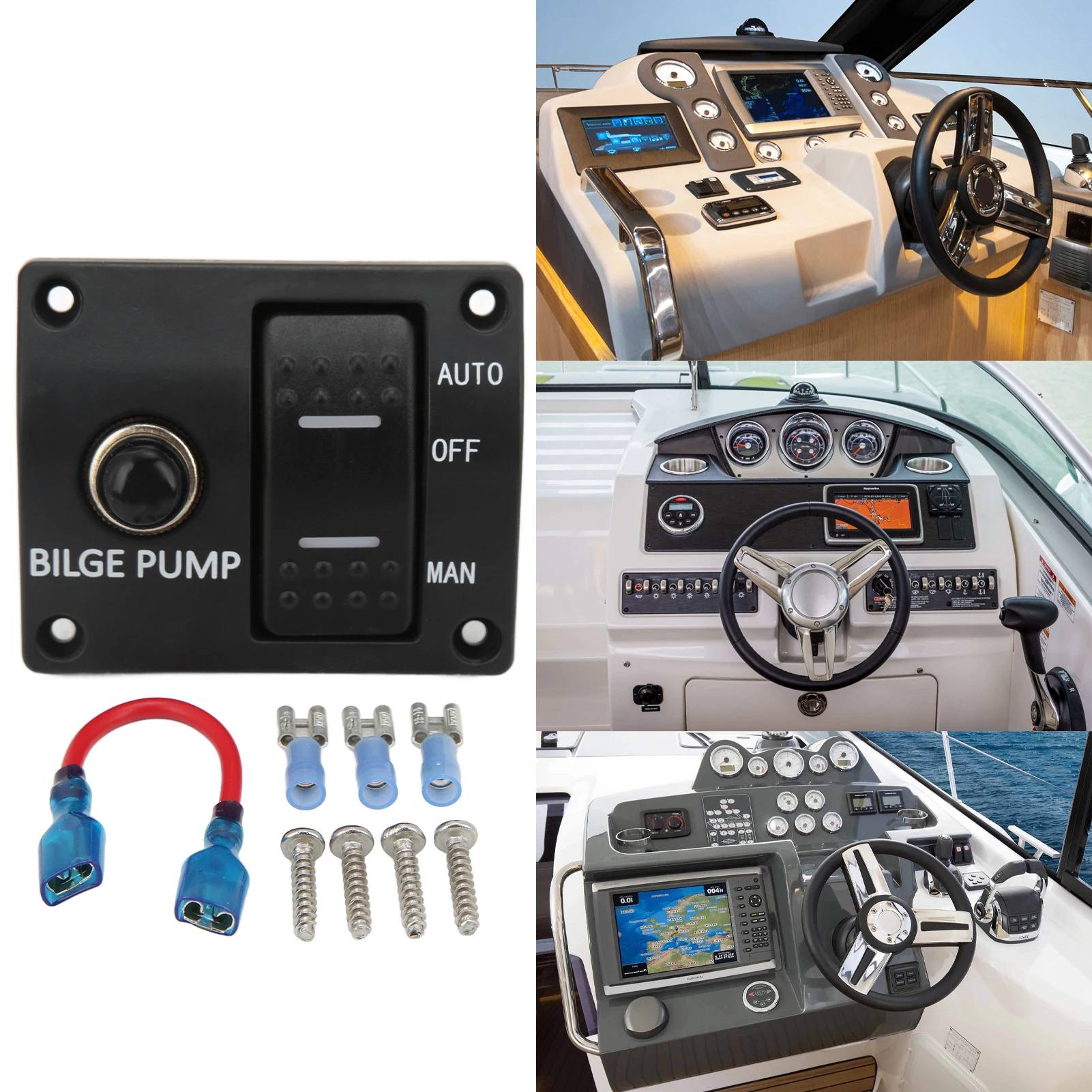 แผงควบคุมปั๊มน้ำท้องเรือ 3 ทาง 12V 24V พร้อมเบรกเกอร์ในตัว 15A สำหรับอุปกรณ์เสริมเรือยอชท์ ปั๊มน้ำท้องเรือแบบโยก อุปกรณ์เสริมเรือยอชท์