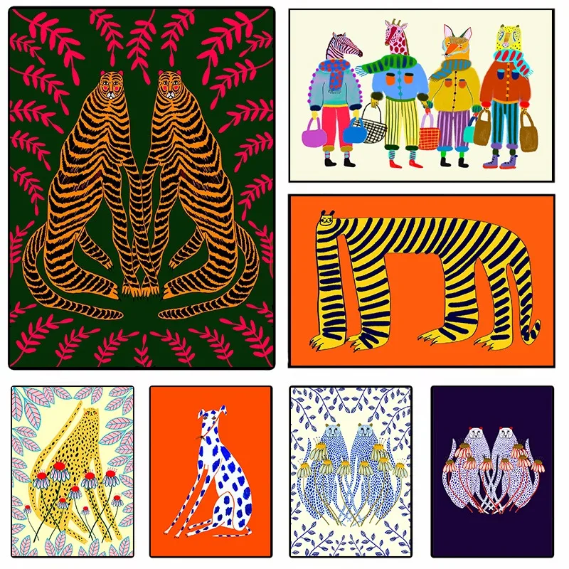 Whimsical Animal Nursery Canvas Art Cartoon Cheetah Tiger Leopard Colorful Kids Wall Decor Playful Jungle Theme Room Decor Gift