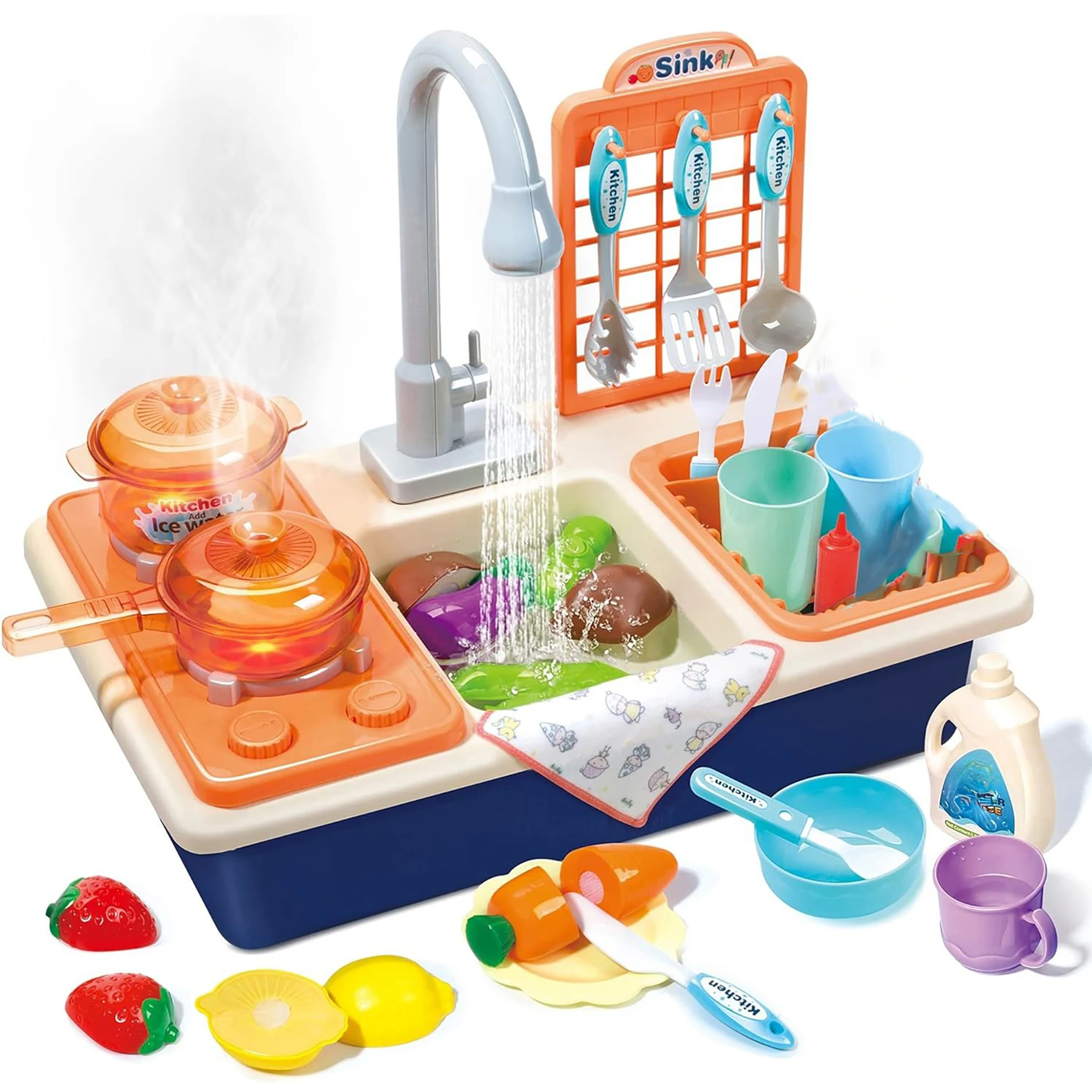 Kitchen Sink Toys Children Electric Dishwasher Playing Toy with Running Water Upgraded Faucet, Automatic Water Cycle