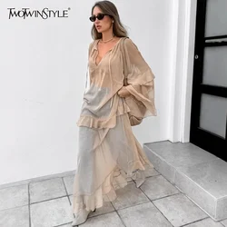 TWOTWINSTYLE Solid Spliced Mesh Loose Dresses for Women V Neck Long Sleeve High Waist Loose Casual Dress Female New