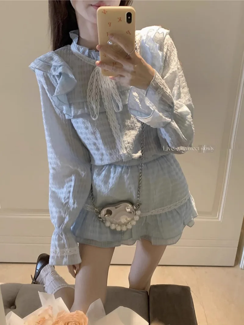 Camicia con giuntura in pizzo temperamento coreano gonna superiore Set di due pezzi donna Lace Up Ruffle Edge Stand Collar Sweet Fashion Chic Lady