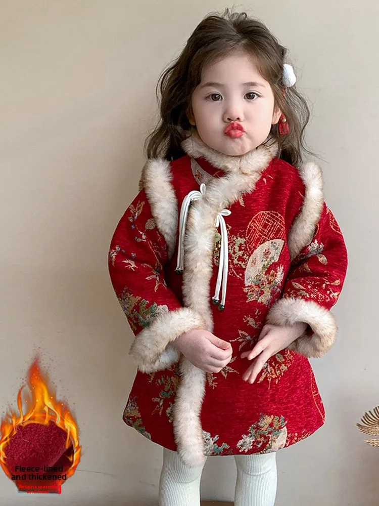 

Зимний костюм Тан Hanfu для девочек, костюм Тан на подкладке, юбка Sle Dr, модная новогодняя одежда