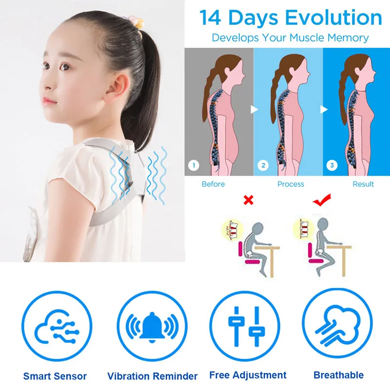 corretor de postura Smart Posture Corrector Inteligente Back Shoulder Support Vibration Sensor Corset for Children Adults Sit