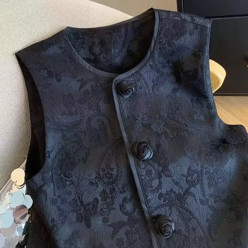 VintageจีนJacquardเสื้อแจ็คเก็ตผู้หญิง 2025 ฤดูใบไม้ผลิฤดูร้อนใหม่Roseปุ่มเสื้อกั๊กChicหญิงTop