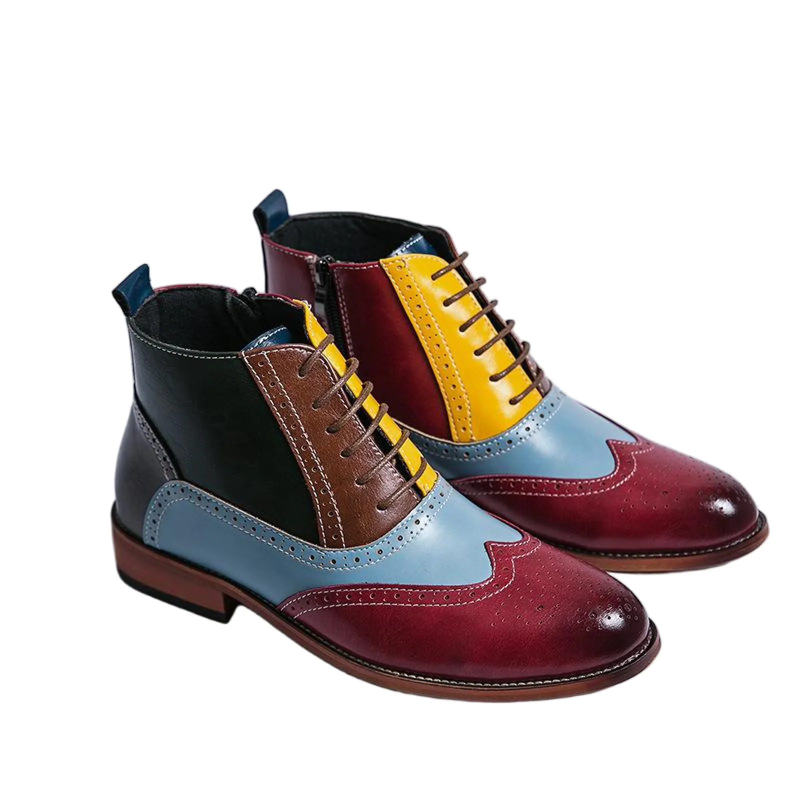 Men Multicolor Patchwork Mid Top Ankle Boots British Vintage Gentleman Cosplay Party Halloween Role Play Costume Dress Shoes