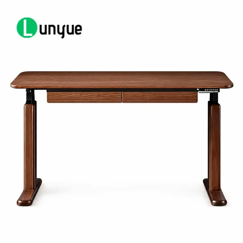 Electric Height Adjustable Standing Desk Black Walnut Finish with Drawers and Control Panel Ergonomic Sit Stand Workstation