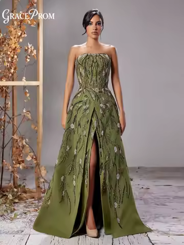Gorgeous Elegant Olive Green Prom Dress Sparkle Leaf Embroidery A Line Evening Gown For Wedding Guest Party Dress فساتين سهرة