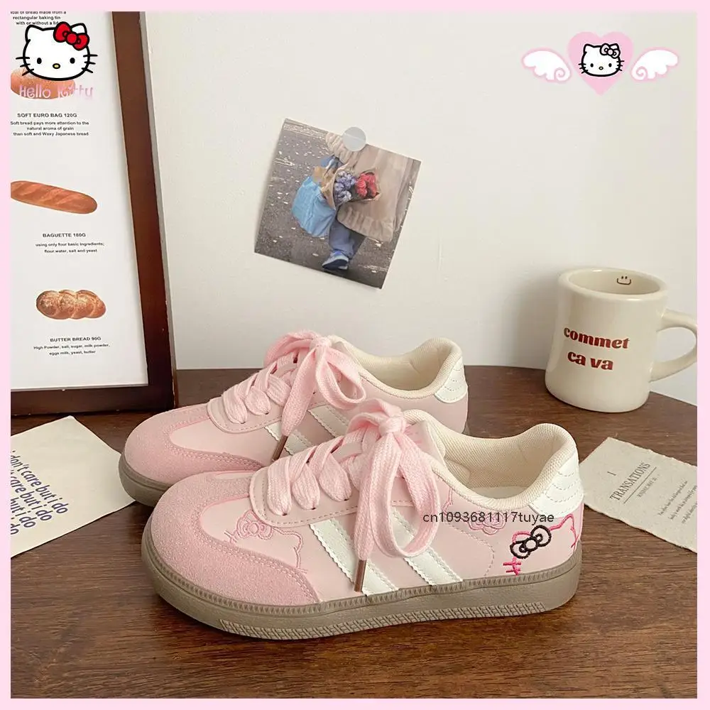 

New Autumn Spring Trend Cute White Hello Kitty Shoes Girl's Versatile Cute Pink Embroidery Sneakers Lace-Up Training Board Shoes