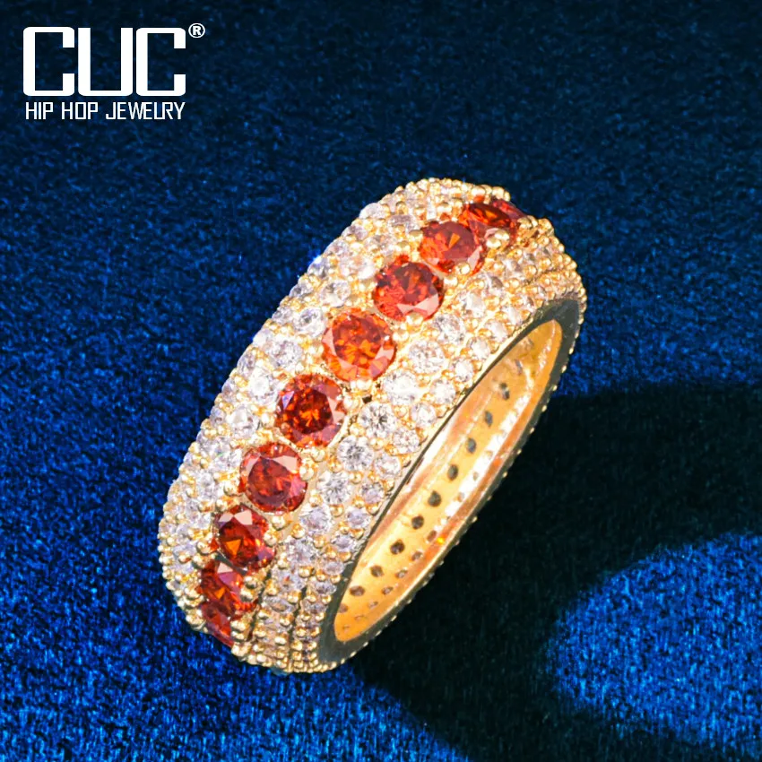 5 Row Red Zircon Men's Ring Copper Charm 18 K Gold Color Ice RINGS Fashion Hip Hop Jewelry Gift