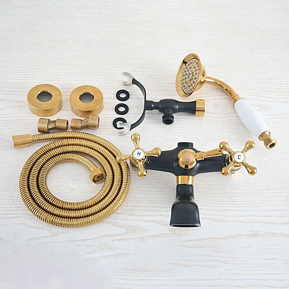 Gold & Black Brass Wall Mount Bathroom Bathtub Faucet Set WITH/ 1500MM Handheld Shower Spray Head Mixer Tap Dna459