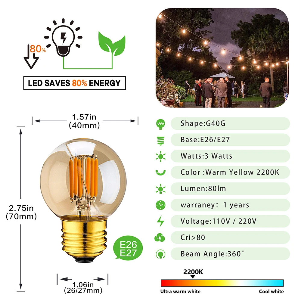 10pcs Dimmable LED Filament Vintage Edison Bulb E27 220V 110V G40 1W 2W 3W for Outdoor String Light  Garden Christmas Decoration