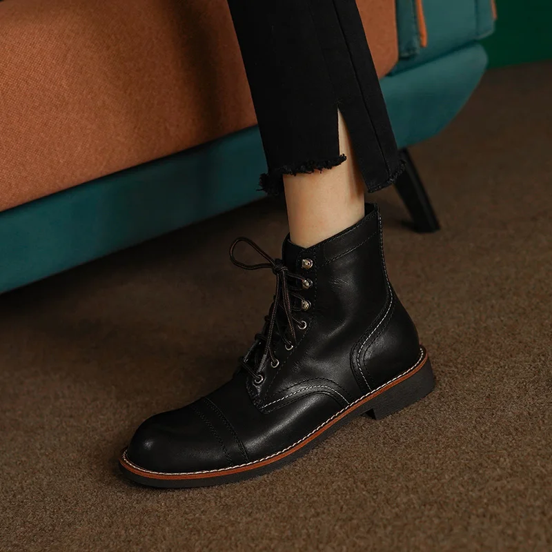 Lace-Up Ankle Boots Low Heel Winter Boots European Style Basic Shoes Woman Round Toe Cowhide Work Shoes Spring Autumn Botas