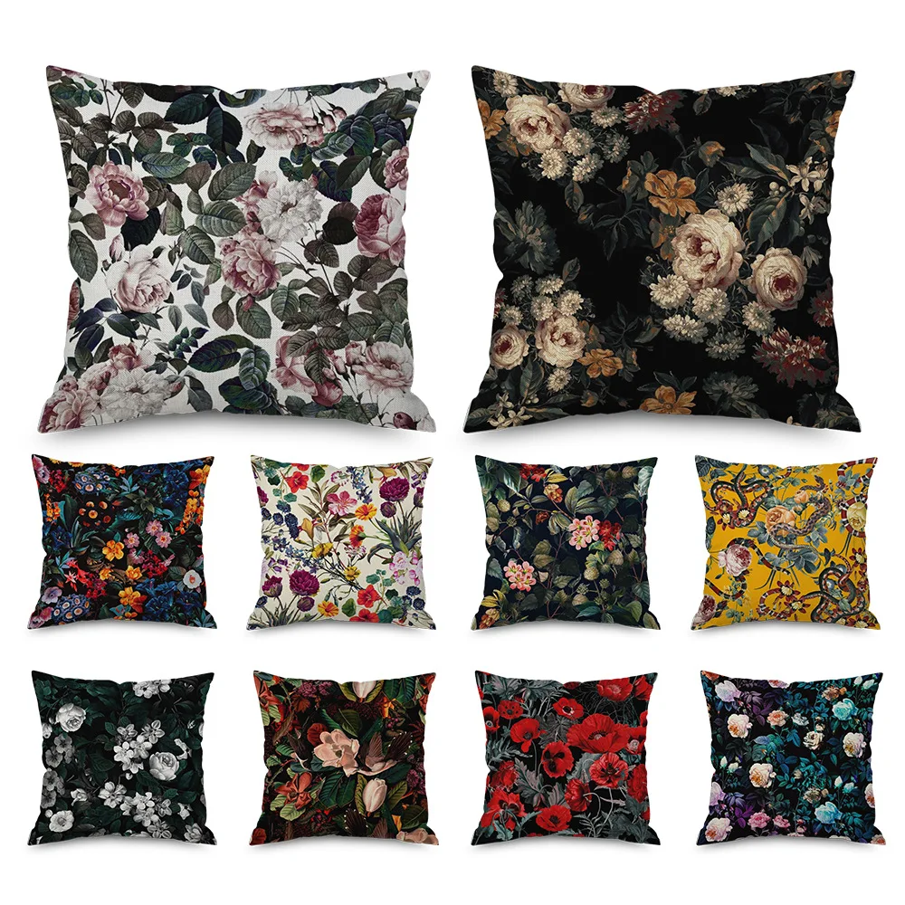 Vintage floral linho fronha preto noite rosa travesseiro cobre interior decorativo para decoração de casa caso travesseiros para o quarto 45x45