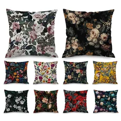 Funda de almohada de lino Floral Vintage, fundas de almohada decorativas interiores para decoración del hogar para dormitorio, Rosa nocturna negra, 45x45