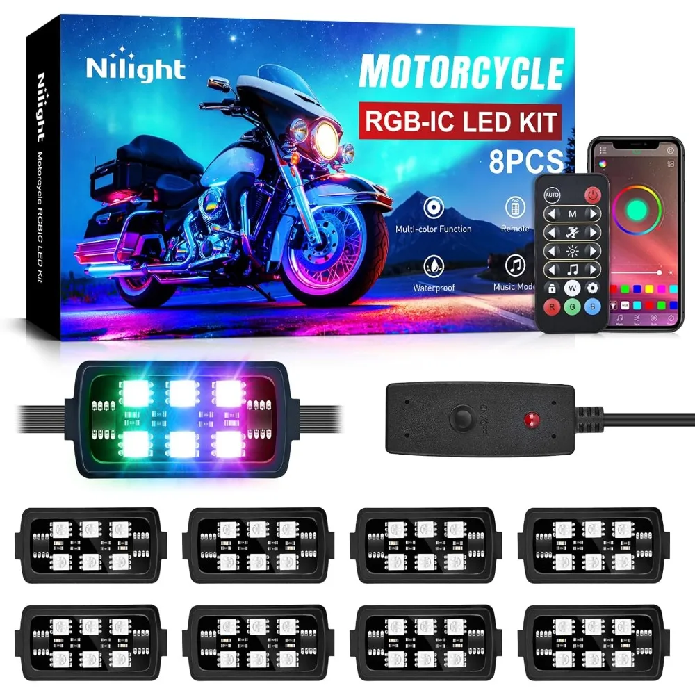 Nilight Motorcycle Color LED Strip Lights Kit Waterproof Multicolor Atmosphere Neon Accent Lights Pods Lamp APP& Remote Control