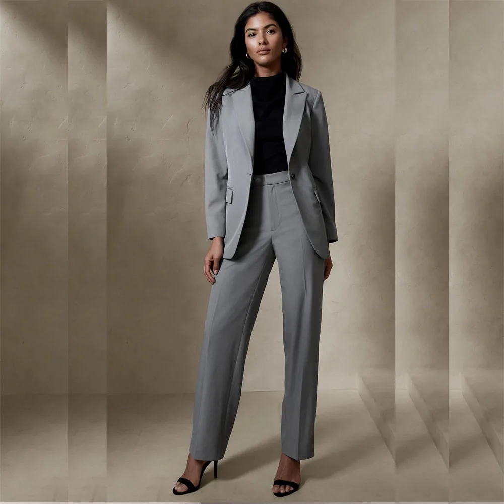 Formal Gray Women's 2 Piece Suits One Button Peak Lapel Slim Fit Blazer Customized Office Lady Outerwear 2 Piece Jacket Pants