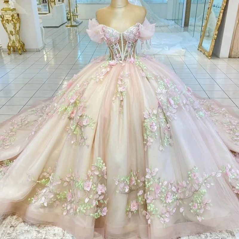Robe De Quinceanera rose clair, épaules dénudées, décalcomanies à paillettes, fleur 3D, longue queue en dentelle, robes De 15 fraîches ﻿ Personnaliser