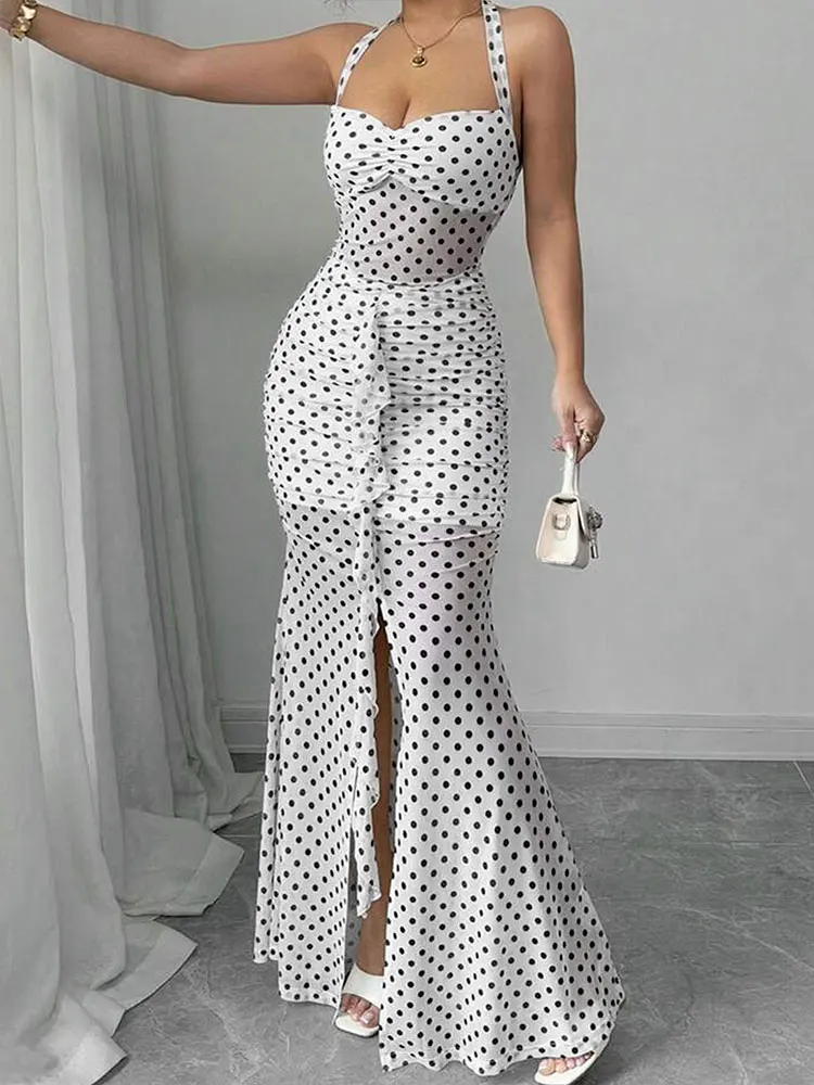 Frauen Maxi Kleider Sommer Neue Streetwear Fashion Print Halter Split Beiläufige Dünnes Kleid Sexy Backless Niedrigen Brust V-ausschnitt Dame Kleid