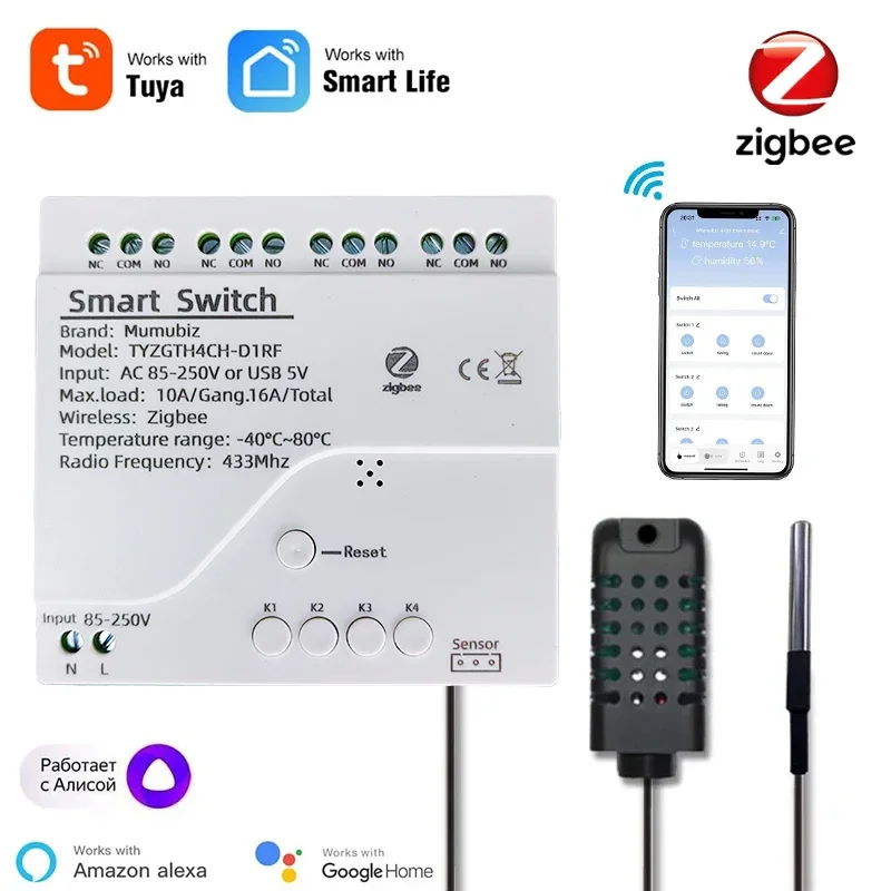 Tuya Zigbee 4 Gang Inteligentny przełącznik z czujnikiem temperatury lub wilgotności Pasywny styk suchy 32V 250V Przekaźnik przełączający Kompatybilny z Alexa