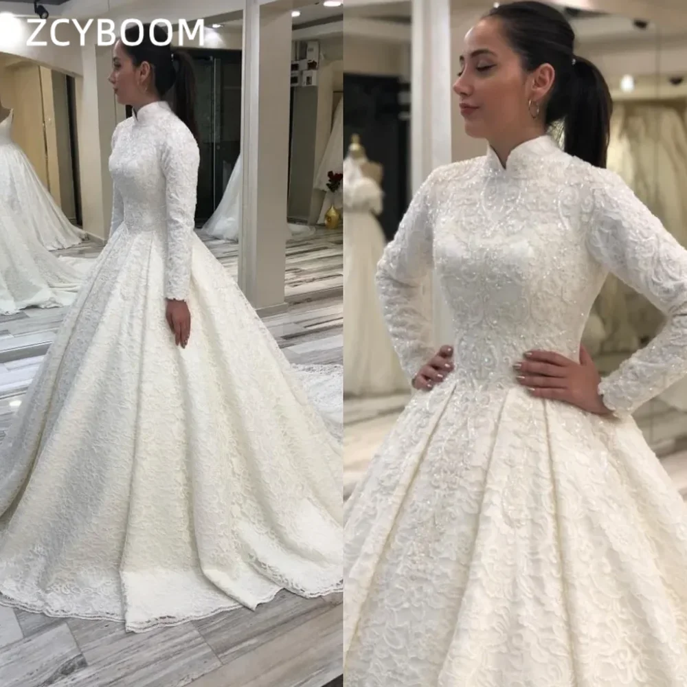 Customized Luxury High Neck A-line Bridal Gowns Long Sleeves Appliques Dubai Wedding Dress Elegant 2026 New Vestido De Noiva