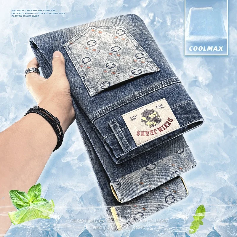 2026 Luxury Summer Cotton Back Pocket Pattern Jeans Retro Blue Casual Denim Pants Slim Straight Trousers Man Thin Plus Size 40