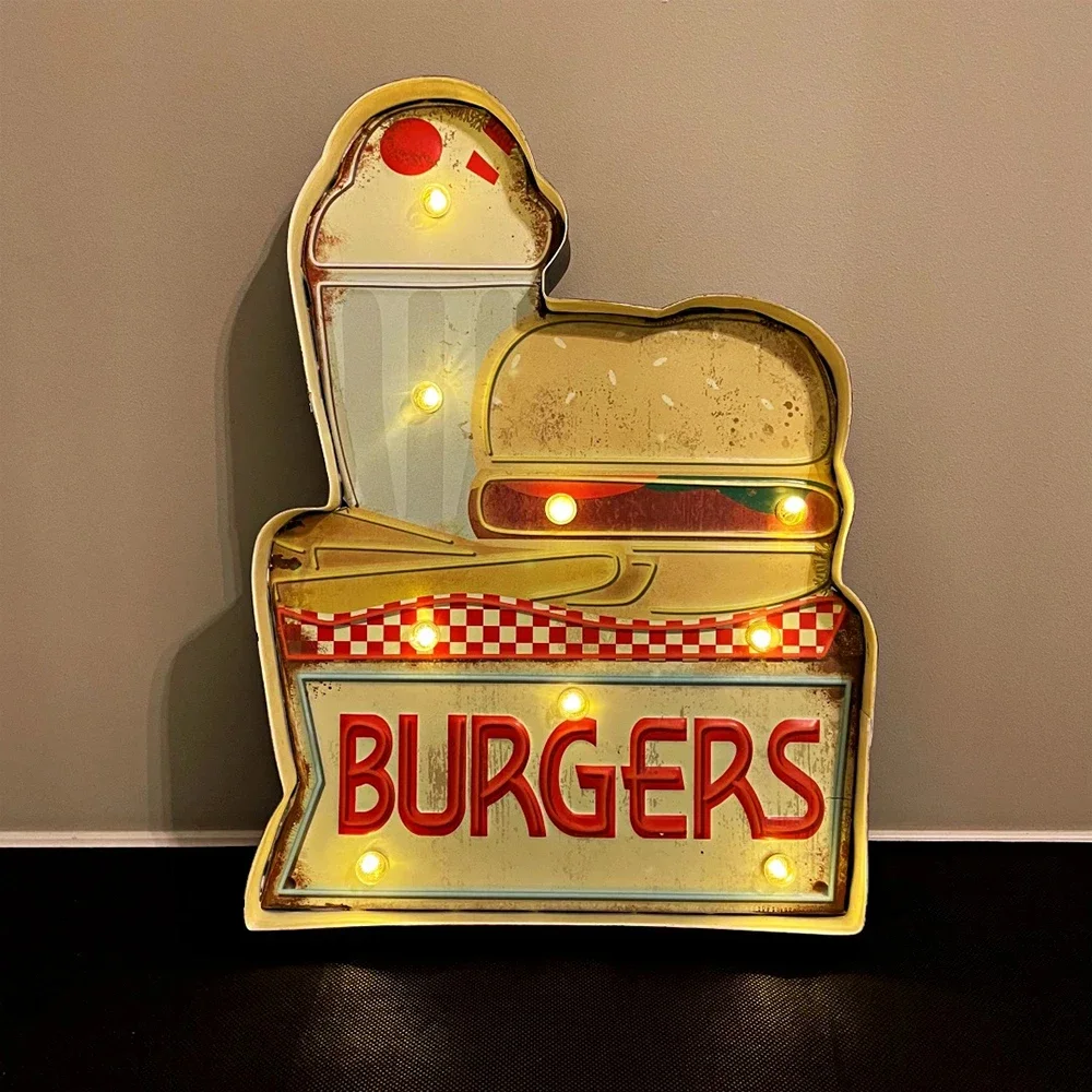 

Vintage Burger Lighted Metal Sign, Vintage Metal Plate , Handmade Retro Luminous Sign, for Bar, Burger shop, Kitchens Wall Decor