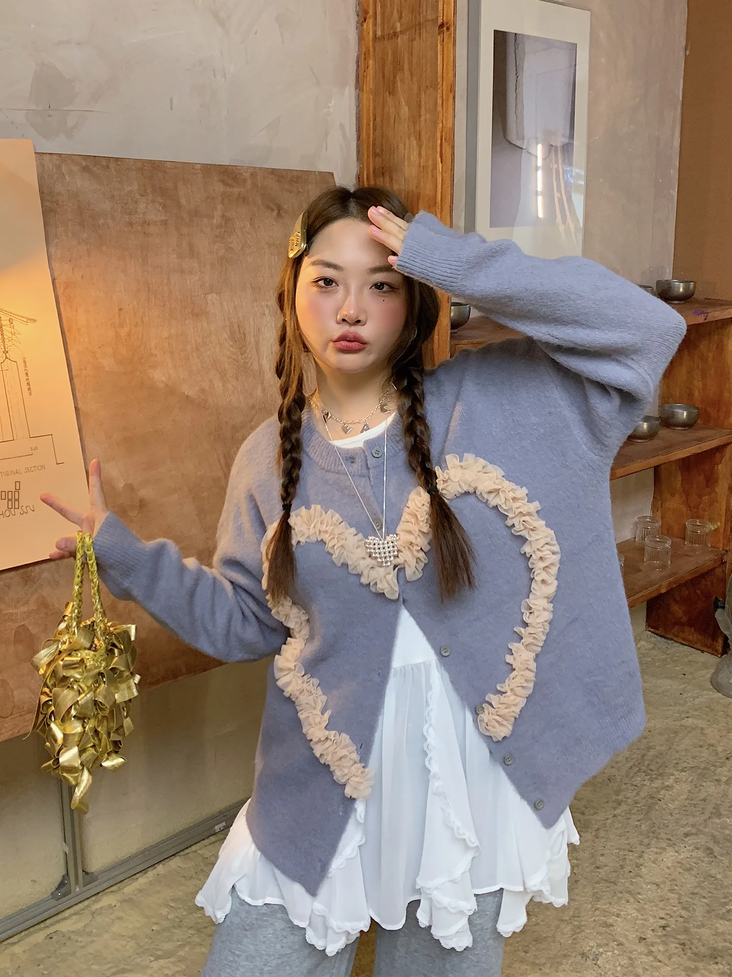 

Женский вязаный кардиган Dazi Golden Large Me Svel с узором в виде сердец, осенне-зимняя модная верхняя одежда