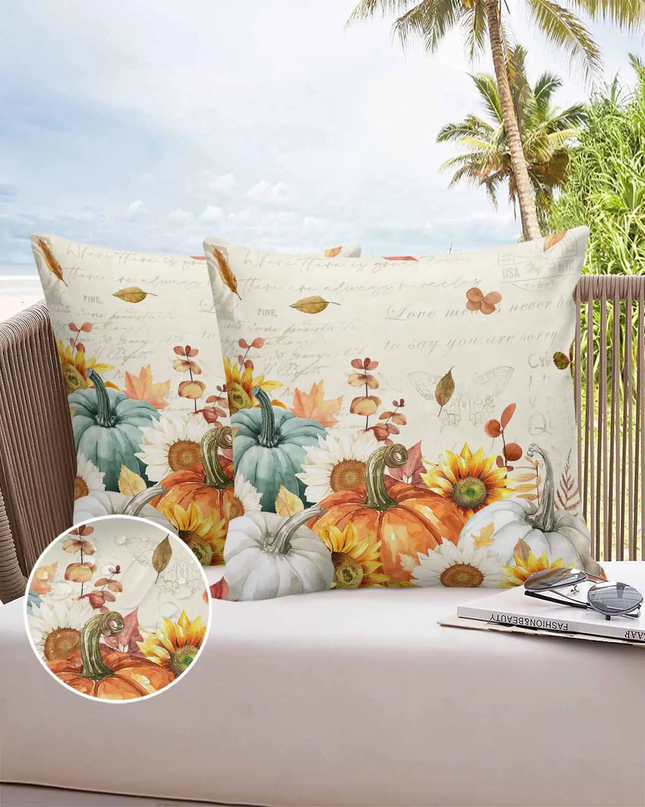 2/4PCS Thanksgiving Eucalyptus Leaf Pumpkin Vintage Letter Outdoor Garden Chair Waterproof Cover Cushion Home Decor Pillow Case