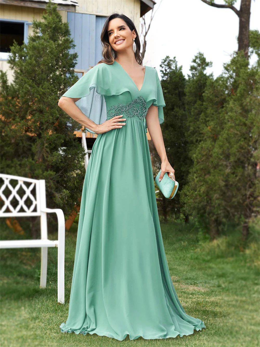 

Green Floral Appliqued Chiffon Evening Dress Slim Fit with Lace Sleeves for Women Bridesmaid Dress with Bell Sleeves for Party