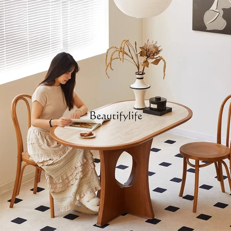 

Vintage dining table oval medieval travertine French cream household rock slab table