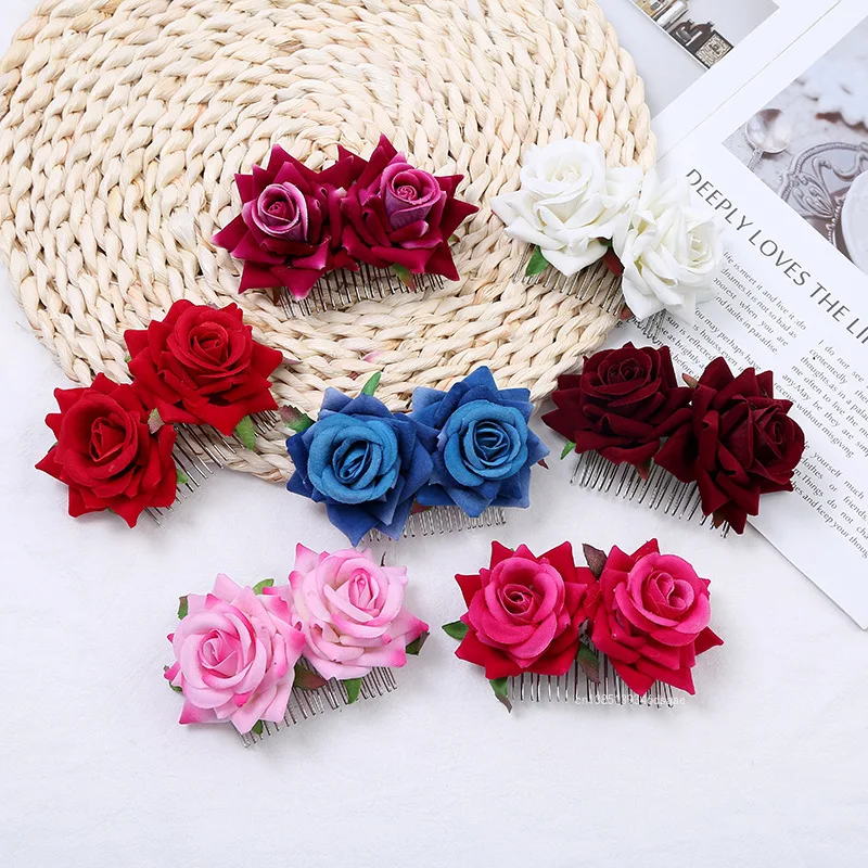 New Fashion Bridal Artificial Rose Flower Hairpin Velvet Cloth Hair Comb Women Wedding Bridesmaid Party Accessories Hair Clip