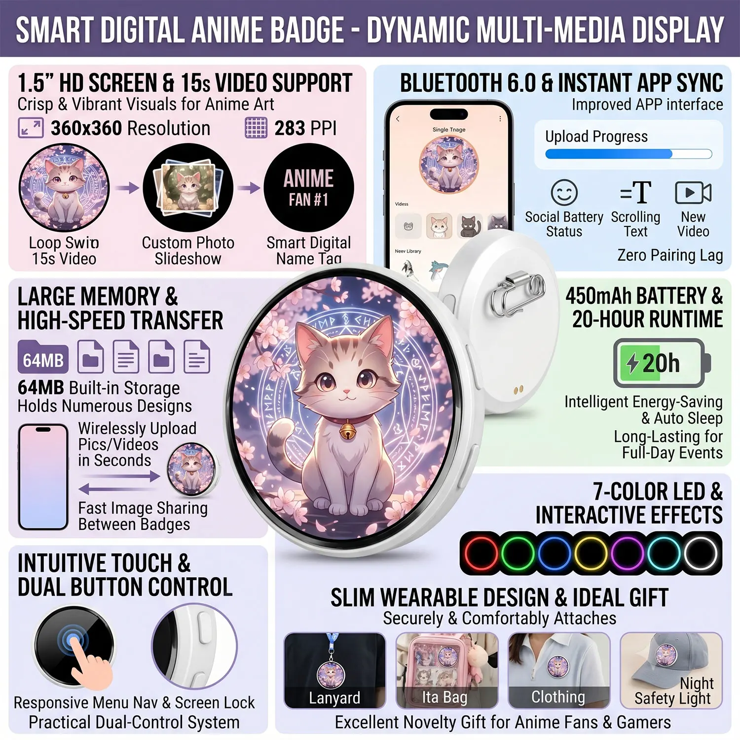 Dynamic Electronic Badge Display Pin 1.7 In Touch Screen Anime E-Badge For Game Peripherals Excellent Fans Friends Birthday Gift
