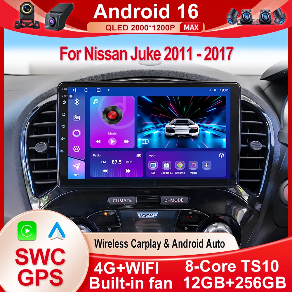 Android 16 navegación Multimedia automática GPS Auto Radio Video estéreo para Nissan Juke 2011 - 2017 4G WIFI BT QLED unidad principal No 2Din