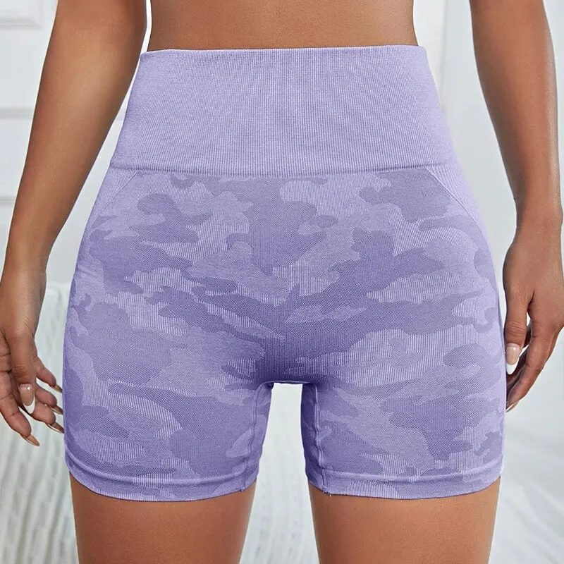 Yoga Trendy Camo Print Wideband Waist Sports Shorts Workout Athletic Seamless High Wasit Gym Leggings