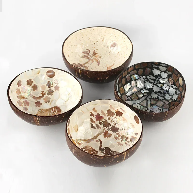 Beige Natural Decorated Shell Coconut Bowl Fruit Salad Noodle Rice Bowl Wooden Yogurt Tableware Handicraft Home Decorations