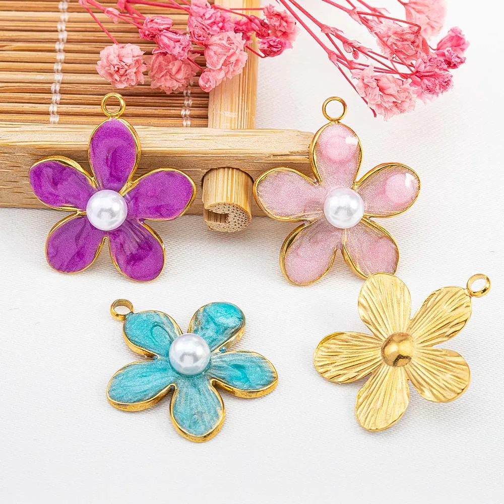 

2pcs Stainless Steel Enamel Flower Charm Imitation Pearl Stamens Pendant for DIY Women Jewelry Making Necklace Earring Supplies
