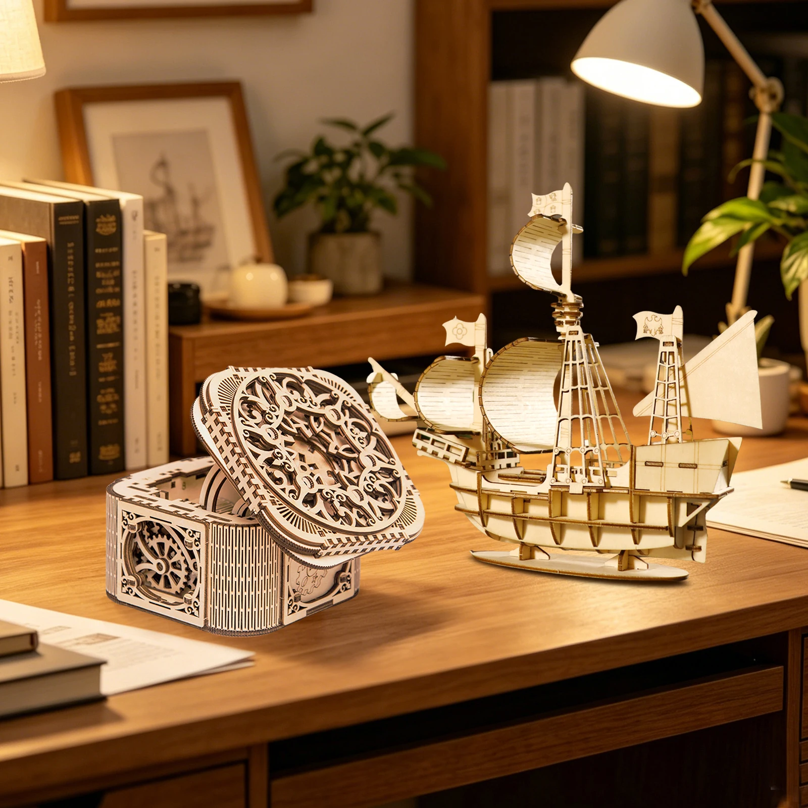 

2pcs 3D Wooden Puzzle Ring Box And Wooden Sailboat DIY Model Kits Handmade Craft Building Set For Adults Teens Age14+ Christmas