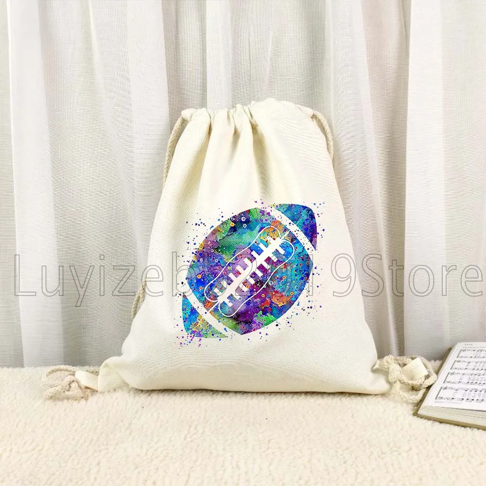 American Football Player Watercolor Sports Gifts Canvas Drawstring Bags Soccer Backpack Cotton Sackpack Sports Yoga String Bag