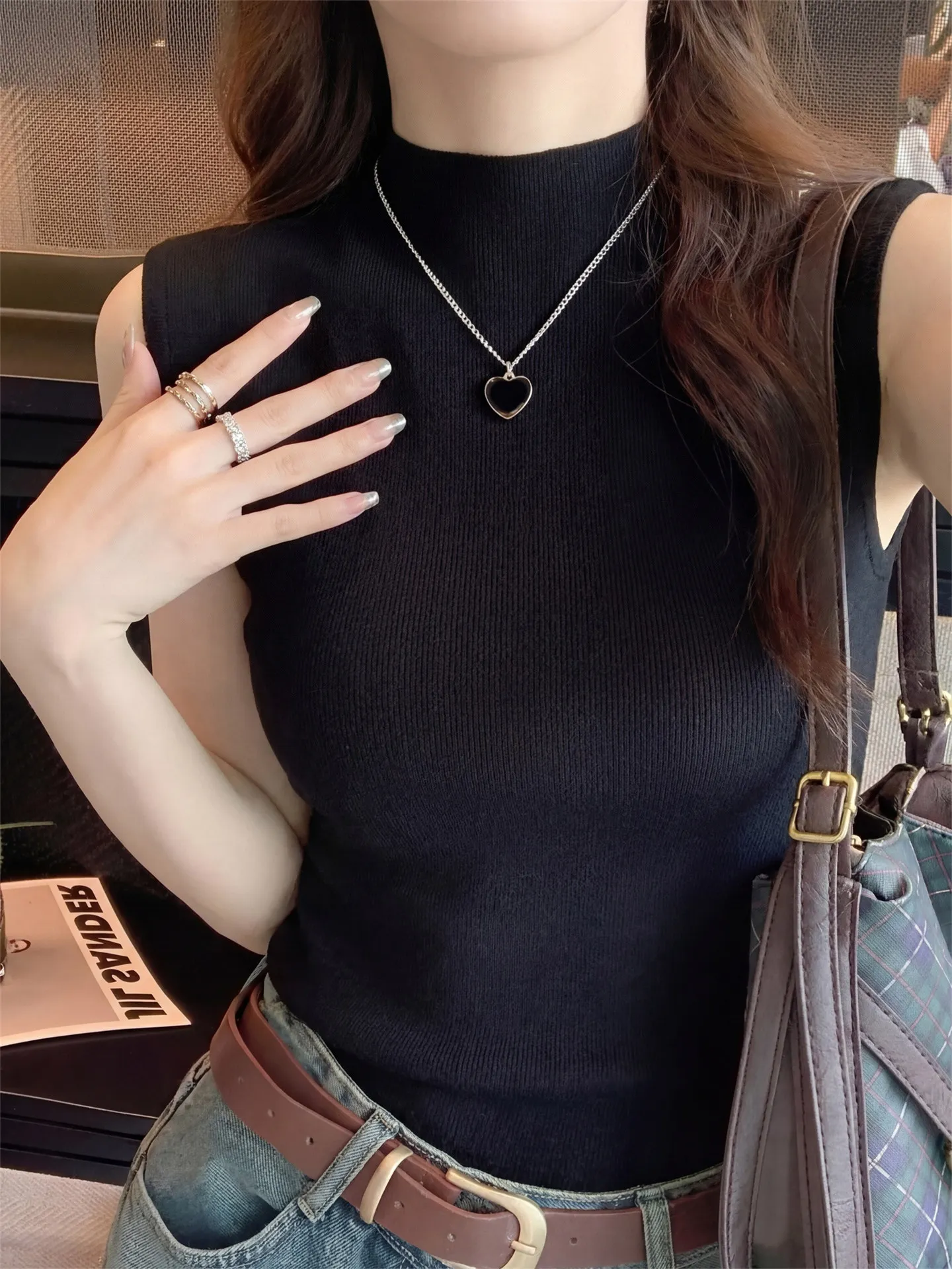 

Blue Svel f High Collar Vest Women's Spring New Sle Slimming Inner Wear Faionable Outerwear Anti-Aging Trend