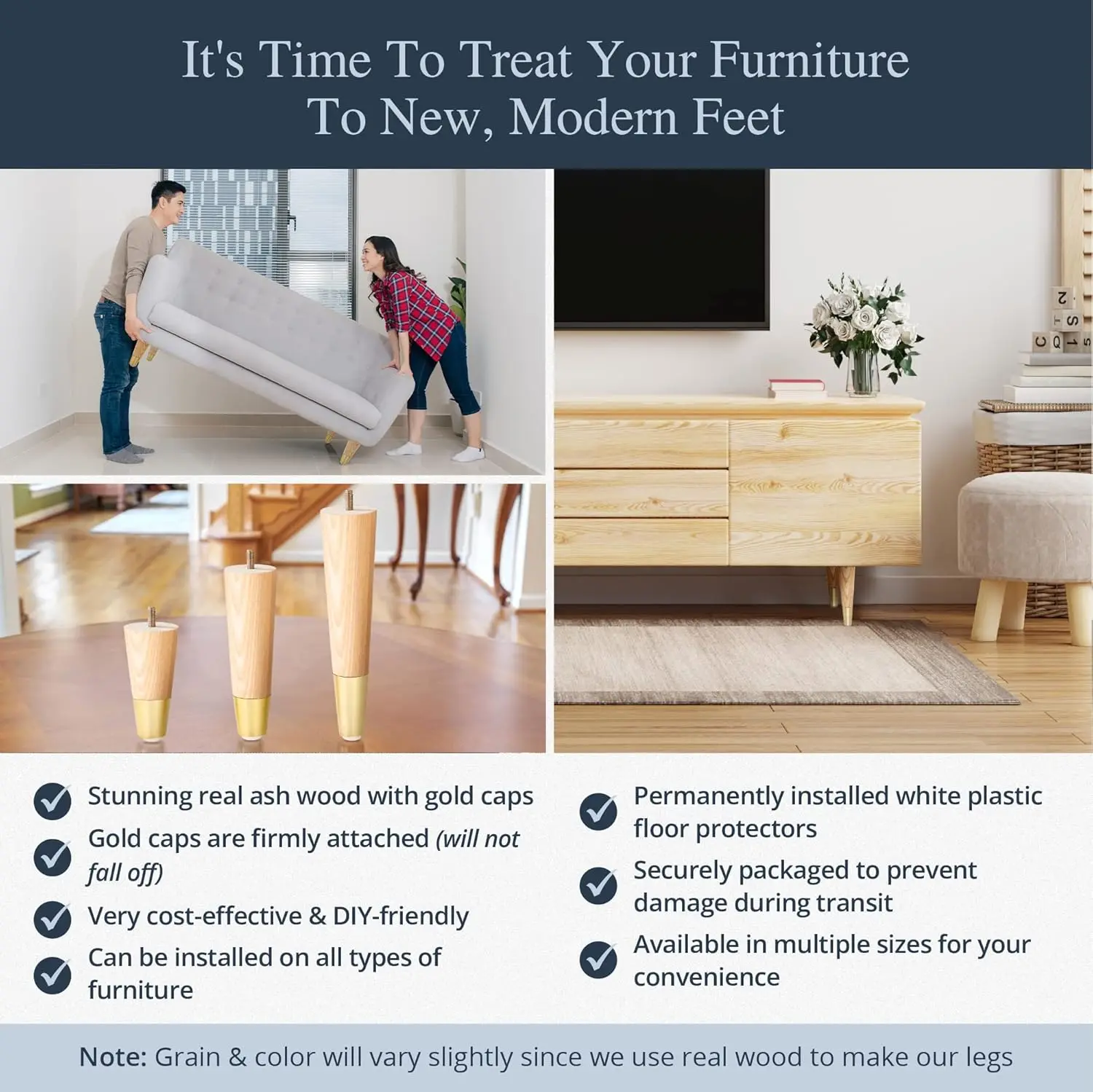 Ash Wood Furniture Legs With Gold Caps - Mid Century Legs For Sofa, Chair, Table, Dresser, Bed