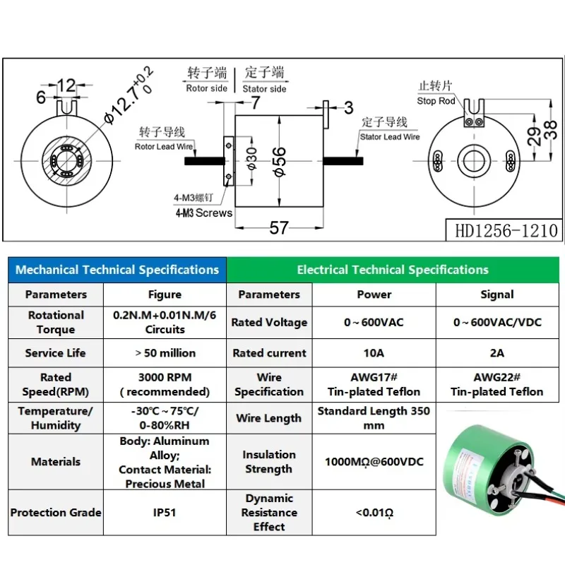 회전 전기 커넥터 12선 10A/2A 스루홀 사이즈 12.7mm 외경 56mm 비표준 맞춤형 슬립 링