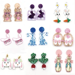 New Bunny Carrot Easter Earrings 316 Stainless Steel UV Printed Fashion Jewelry Glitter Pink Acrylic Laser Cut
