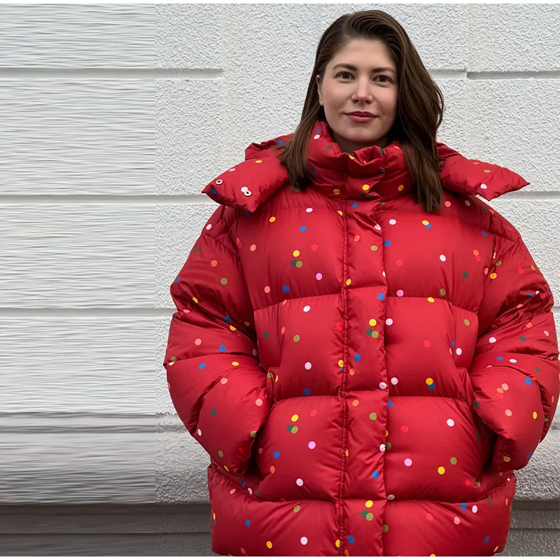 Polka Dot Padded Coat Color‑block Hooded Stand Collar Zipper Buttons Oversized Jacket 2026 Winter Women Warm Chic Casual Outfits