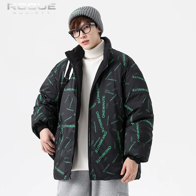 Urban Wear Men's Y2K Streetwear Harajuku Oversized Puffer Coat Thick Warm Winter Outdoor Casual Stand Collar Full Graphic Print