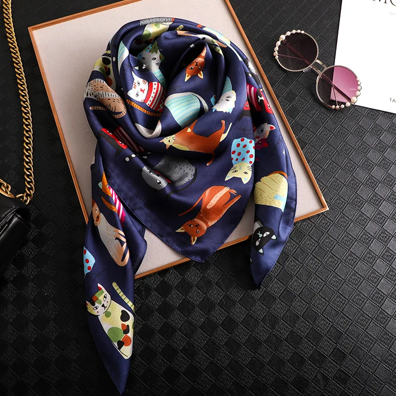 Spring and Autumn New Cartoon Cat Pattern Large Square Scarf Female, Sunscreen Silk Scarf, Decorative Simulation Professional