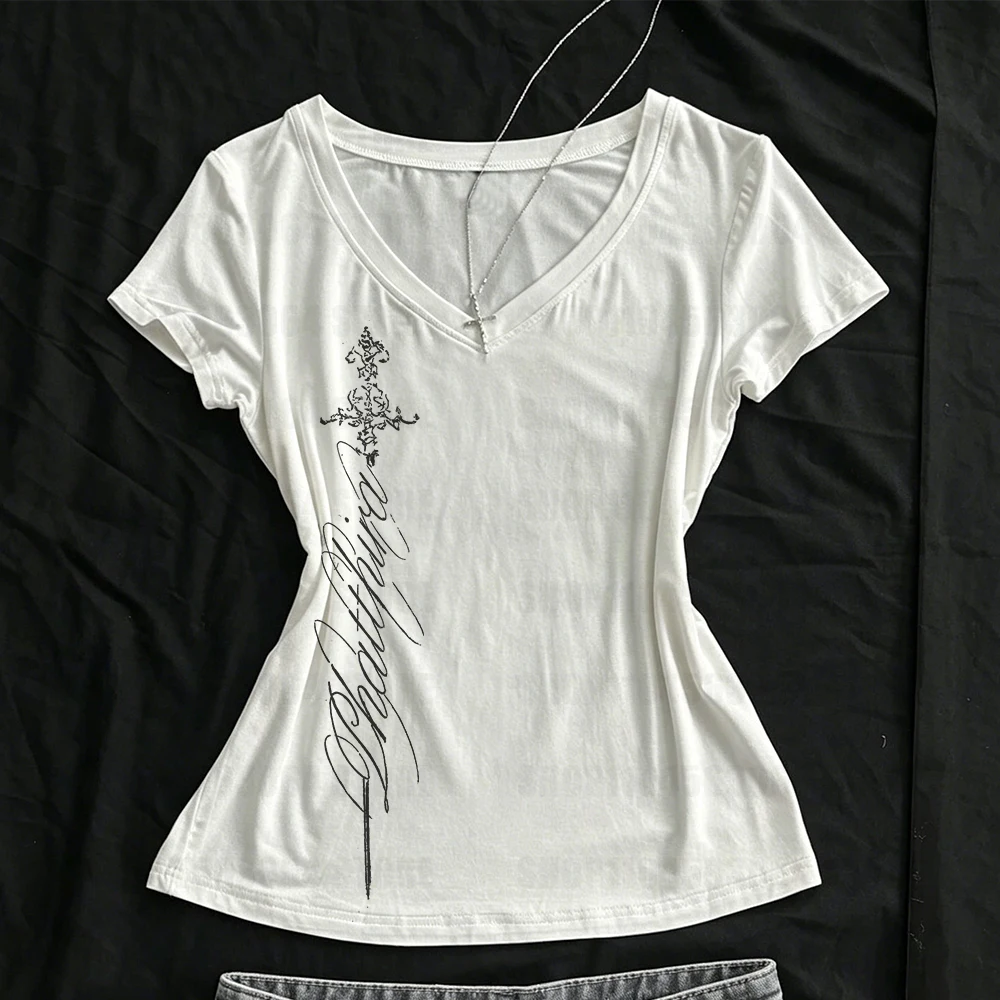 T Shirts Women V Neck Slim Vintage Printing Elegant Grunge Gothic Y2k Aesthetic Harajuku Tops Ladies Casual Tee Shirt